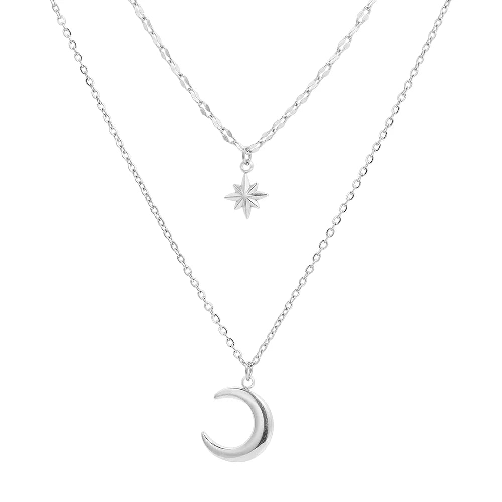 DOTIFI Stainless Steel Eight-Pointed Star Moon Pendant Double-Layer Necklace Women's Fashion Minimalist Commuter Chain Jewelry - Kimlud