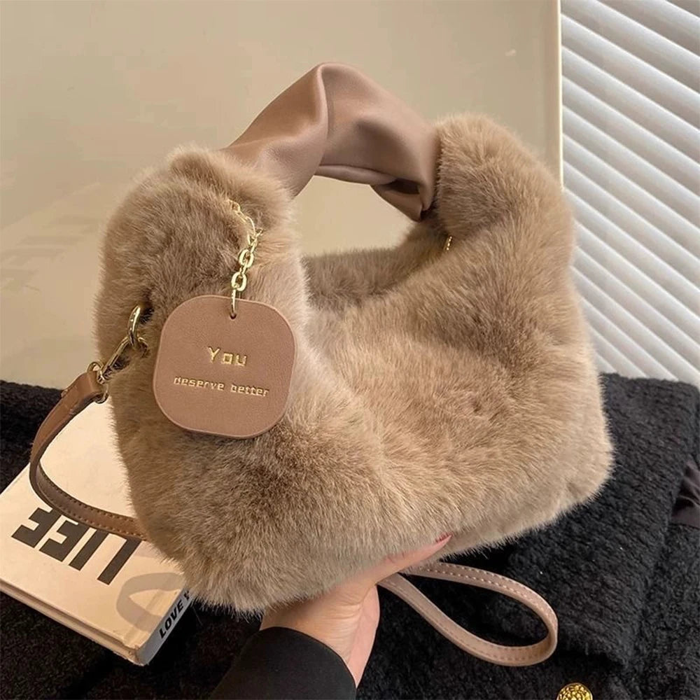 Fashionable Cute Plush Shoulder Bag for Women's Solid Color Soft Fluffy Handbag Autumn Winter Soft Plush Crossbody Bag