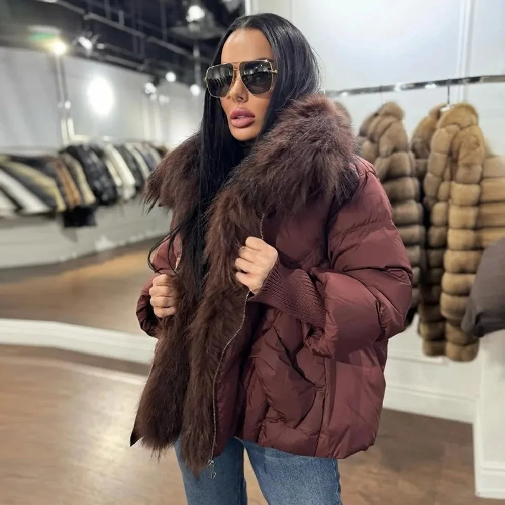 OFTBUY Large Real Raccoon Fur Jacket Knit Sleeve Real Fur New Winter Puffer Jacket Women White Duck Down Coat Oversized Feather