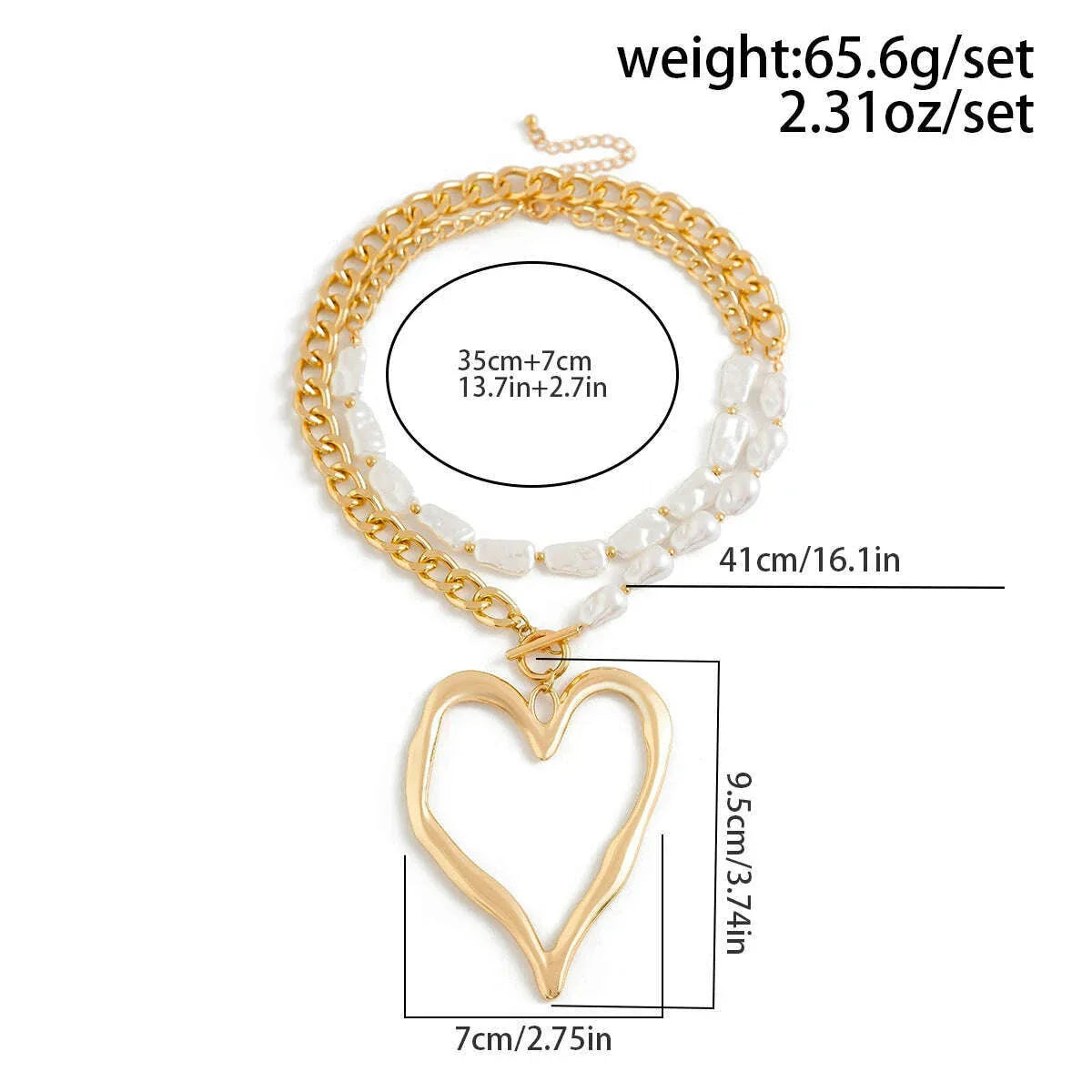 Ingemark 2Pcs/Set Exaggerated Big Love Heart Pendant Choker Nekclace for Women Wed Bridal Goth Imitation Pearl Chain Y2K Jewelry