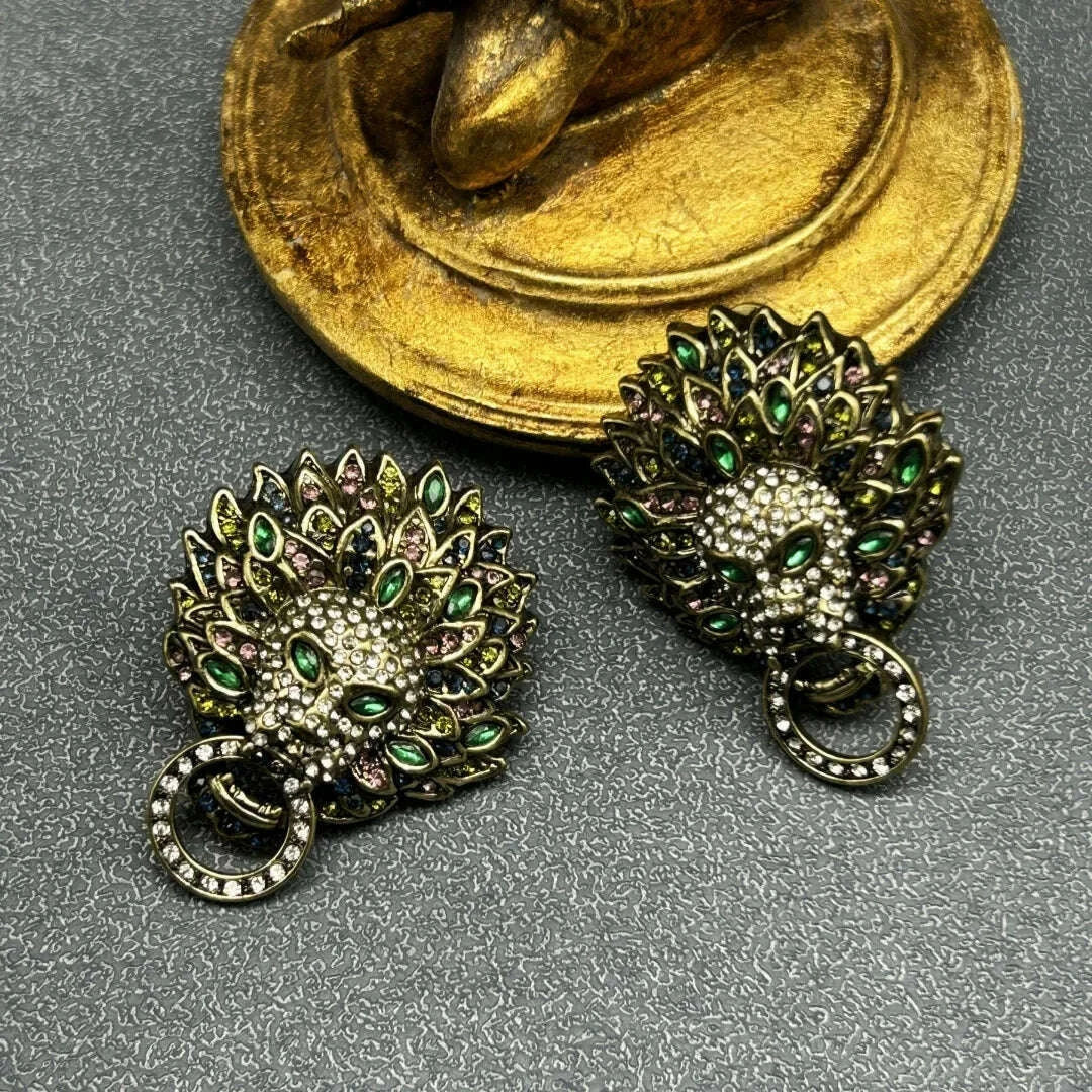 Medieval Vintage Palace Retro Full Inlaid Lion Head Heavy Multi-layer Tassel Necklace Earrings Set