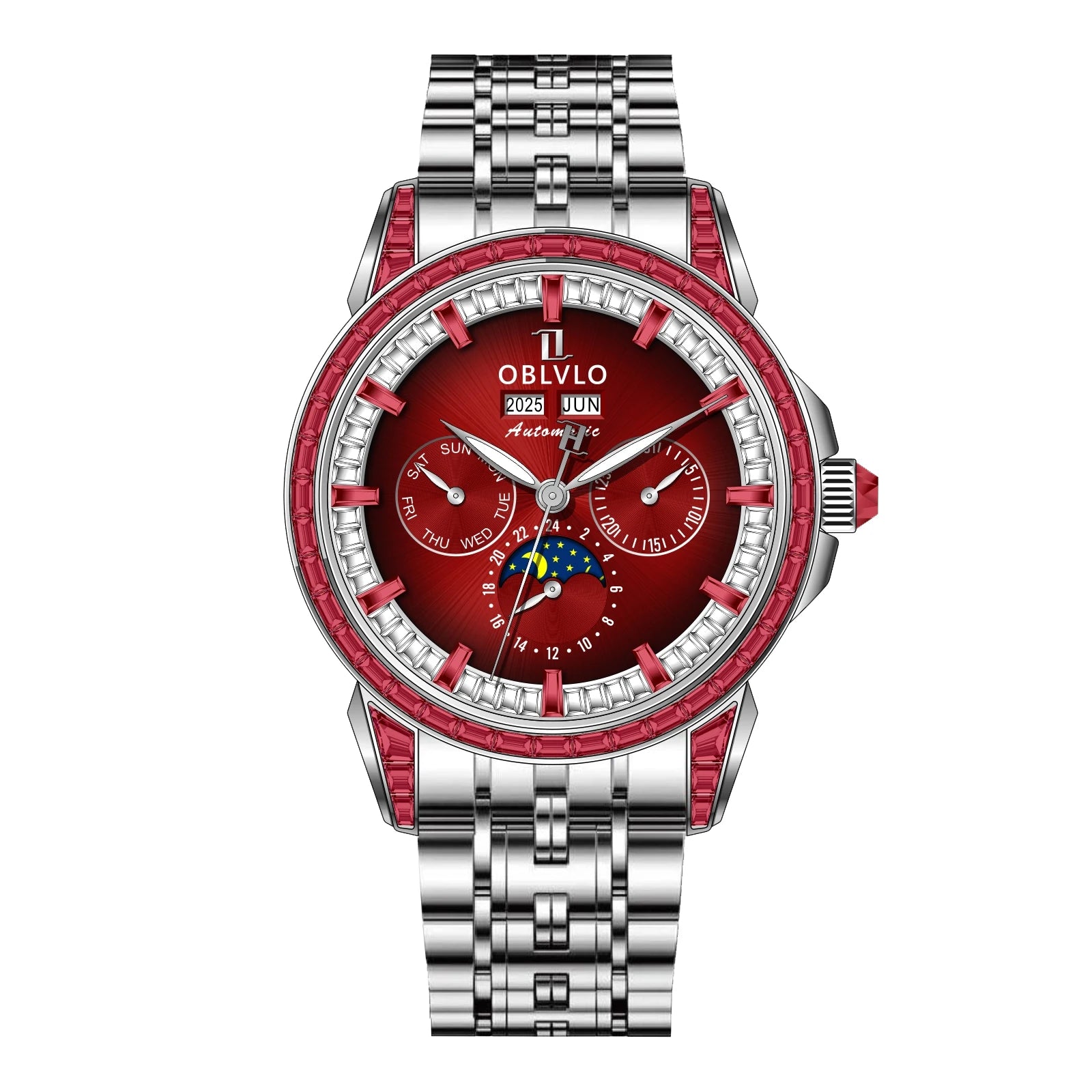 OBLVLO Men's Fashion Automatic Watch Colorful Zircon Moonphase Mechanical Multifunctional Black Leather Strap Timepiece...