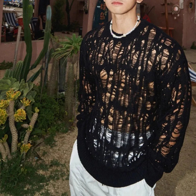 Sexy Hollow Qut Mesh Knit T Shirts Men See Through Ripped CrewNeek Pullover Tops For Mens 2025 Spring Fashion Knitting T-shirt - Kimlud
