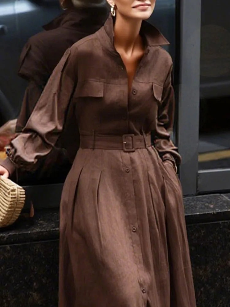 Gymystars Long Sleeve Dress Woman Fall 2025 Lapel Shirt Dress Fashion Loose Pleated Belt Decoration Casual Button Maxi Dresses