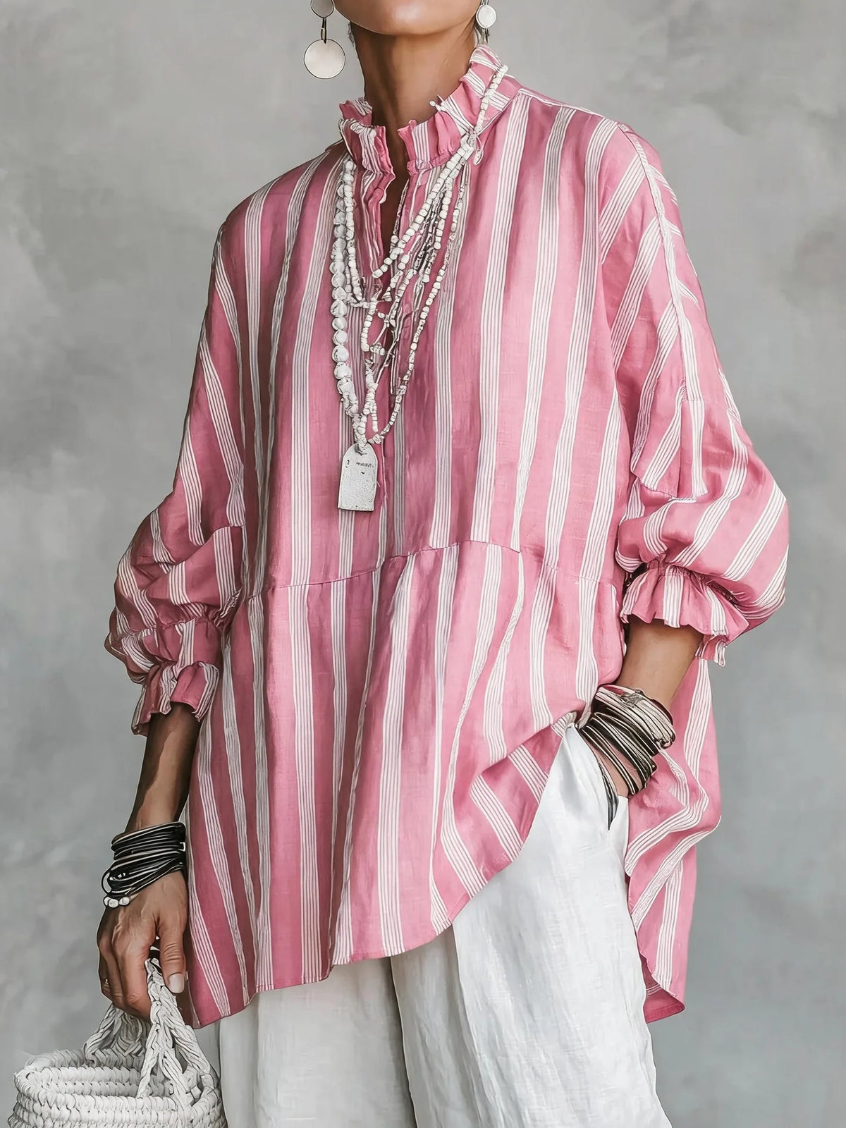 Women Stripes Print Blouse Autumn Casual Stand Collar Long Sleeve Top Simple Lady Blouses Streetwear Loose Harajuku...