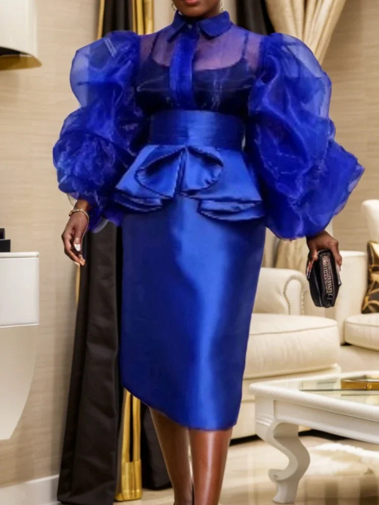 Fashion Party Style Long Sleeved Blue See Through Mesh 2-piece Set for Women's Spring Office Sexy Club Party Birthday Skirt Set