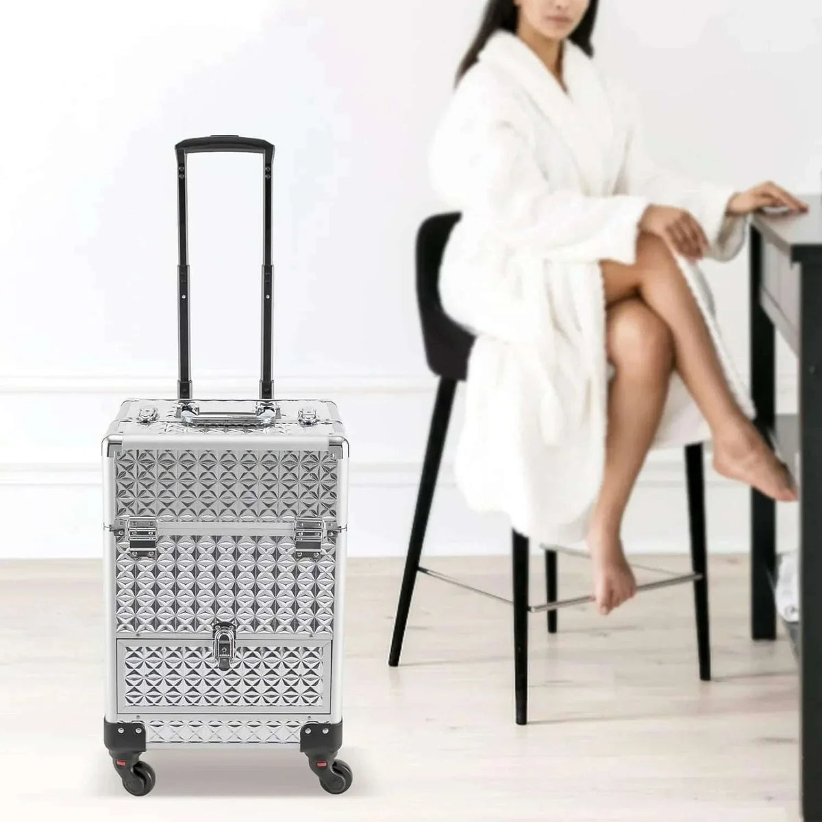 Rolling Makeup Train Case, Makeup Trolley with Drawer, Nail Case Wheeled Manicure Storage Case for Hair Stylists,Pet Groomers