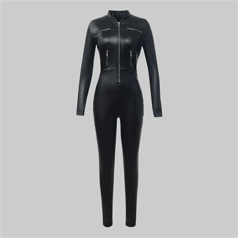 Oshoplive Women's Fashion Black Faux Leather Zipper Jumpsuit 2026 New Long Sleeves High Waist Bodycon Party Night Out Bodysuit