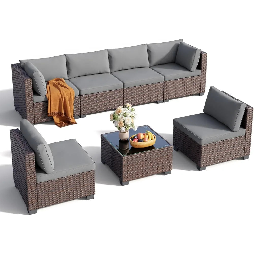 7 Pieces Outdoor Patio Furniture Set, PE Rattan Outdoor Wicker Sectional Furniture Sofa Set, with Cushions | Kimlud...