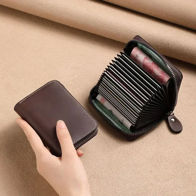 Multi Slot Card Holder Vintage Small Wallet Women Men Business Bank Credit Card Bag Male Coin Pouch Solid Leather Zipper...