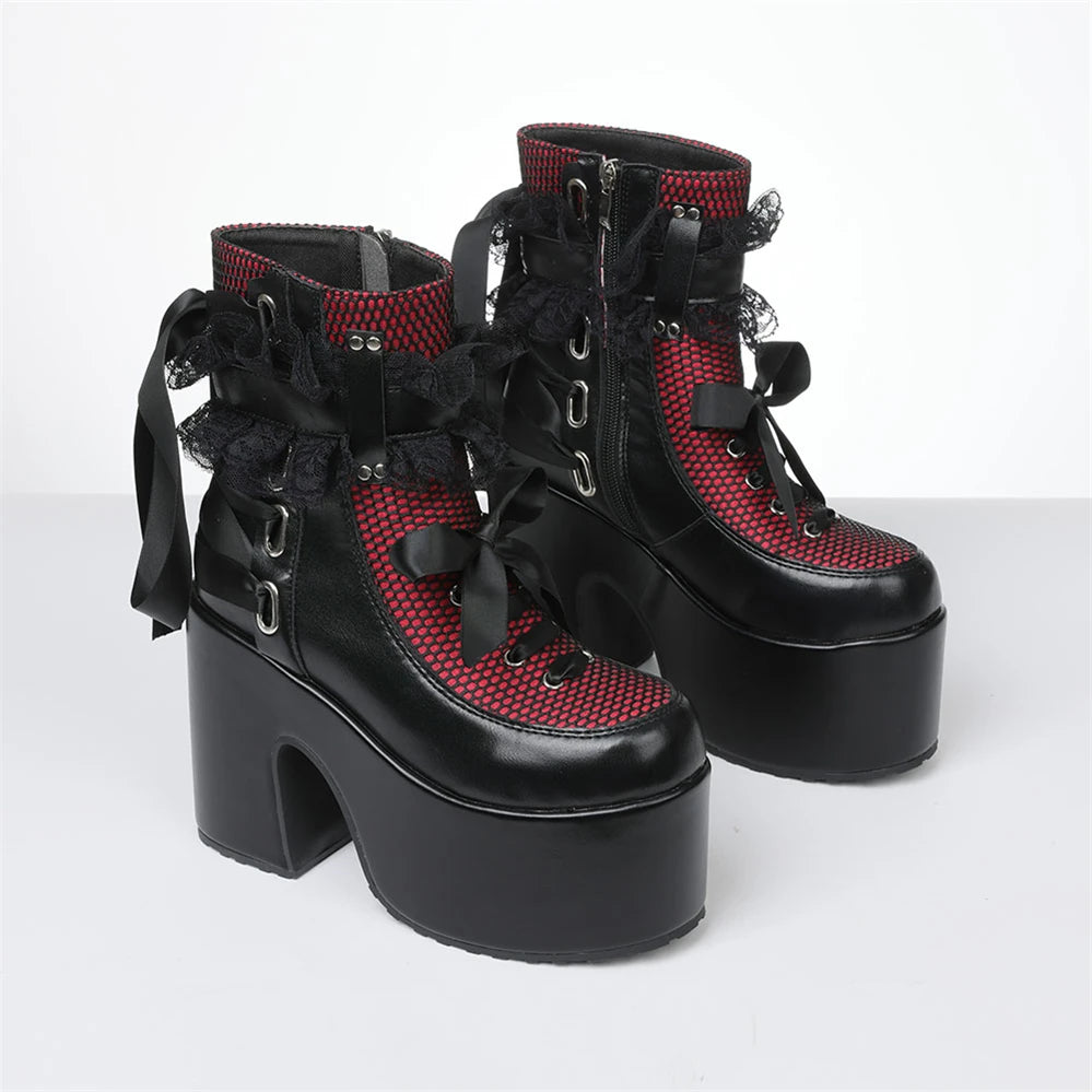 Y2k Gothic Short Boots Women Platform Chunky High Heels Bow Lace Decor Punk Fashion Women'S Ankle Boots Halloween Shoes Autumn W