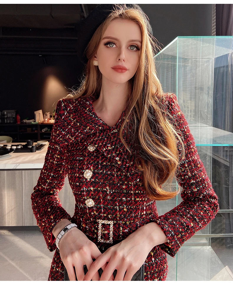Elegant Retro Tweed Asymmetric Large Lapel Slimming Dress Women's Autumn Winter High-Grade Long Sleeve Mid-length Dress...