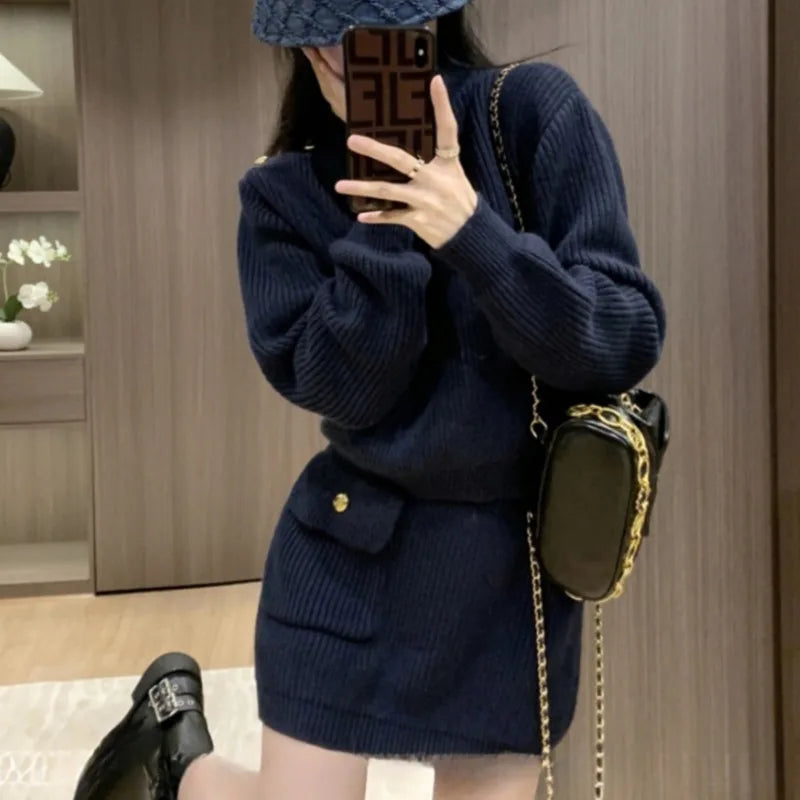 Navy Blue Dress Sets for Women Long Sleeve Tops Knitted Mini Skirts Pockets Fashion Autumn Winter High Street Ins Korean Style