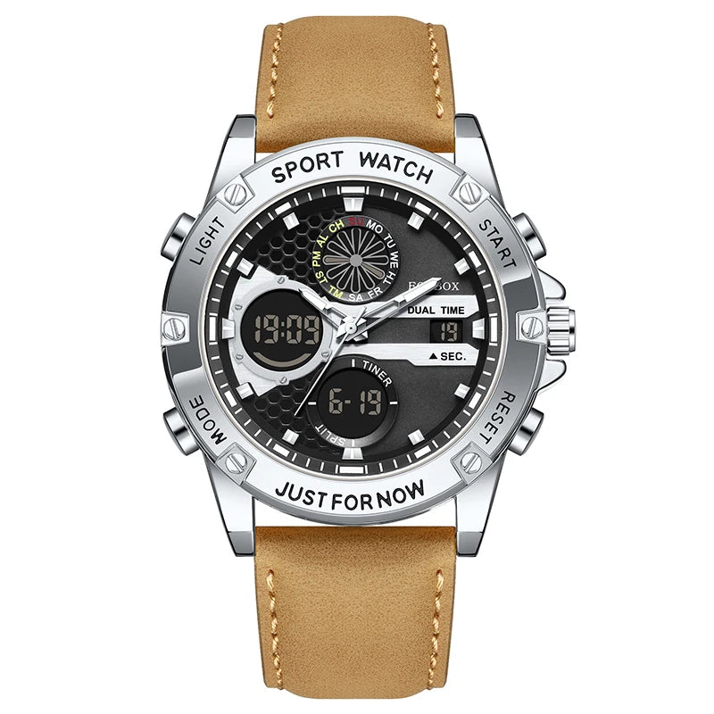 LIGE FOXBOX Fashion Electronic Watches for Men Leather Military Casual Sports Waterproof Dual Digital Display Quartz Chronograph - Kimlud