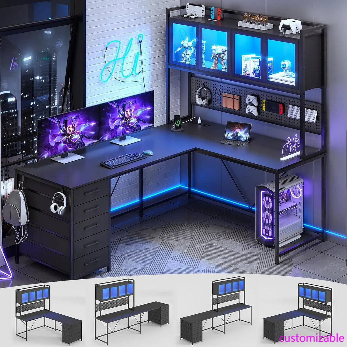 L Shaped Gaming Desk with Drawers,Gaming Desk with Pegboard, Led Lights, and Power Outlet, Home Office Desk, Corner...