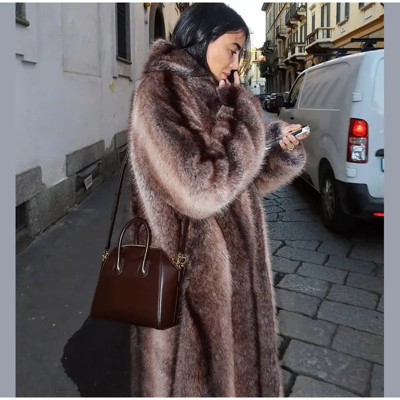 Fashion Brown Faux Fur Overcoat Women Luxury Lapel Long Sleeve Fluffy Coat 2025 Winter Female Thicken Warm High Street Outwear