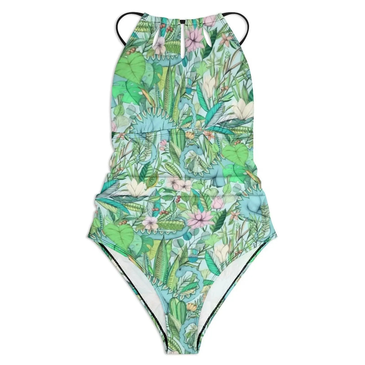 Botanical With Dinosaurs Swimsuit Dinosaur Quirky Soft Pastels Floral Swimwear Holiday Swimsuits Halter Bathing Suit |...