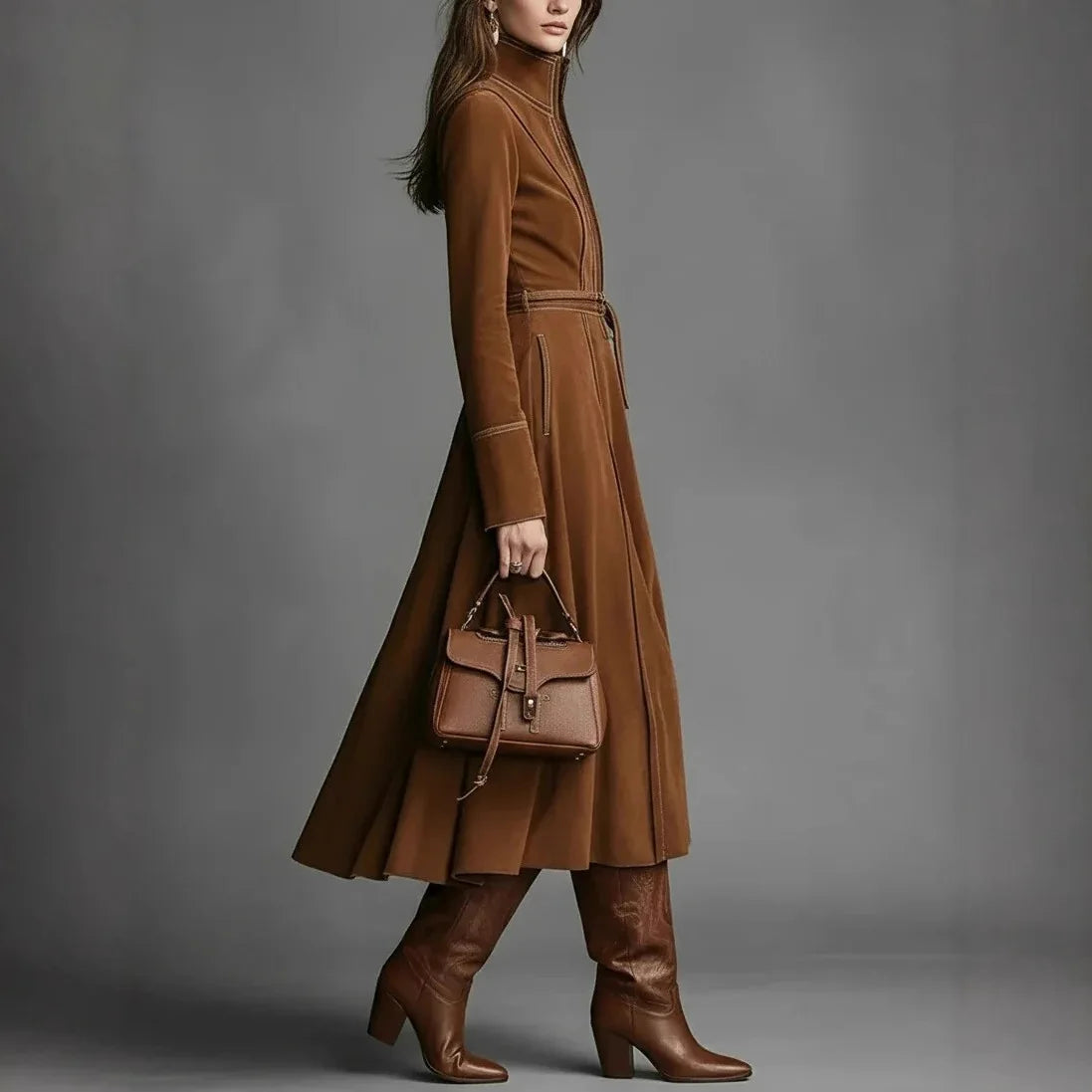 Elegant Vintage Suede Long A- Line Skirt with Belt And Zipper High Waist Travel Business Casual Party Streetwear Daily Dress