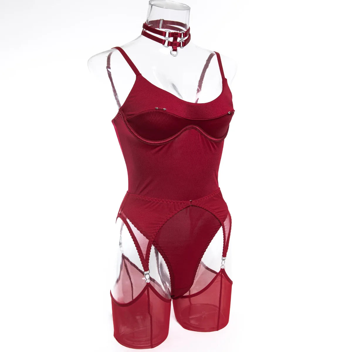 Ellolace Solid Women's Lingerie Sets Willowy Open Crotch Bodysuit 5PC Stunning Metal Decor Dance Party Stockings...