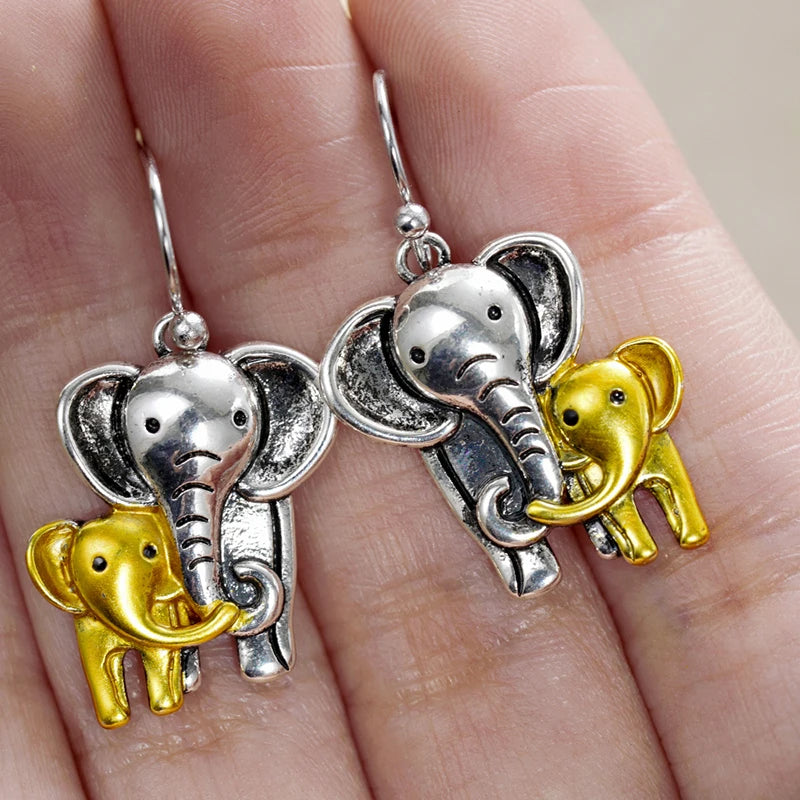 Huitan Cute Elephant Shaped Women Drop Earrings Two Tone Party Fashion Metal Accessories Delicate Lovely Animal Jewelry Gift
