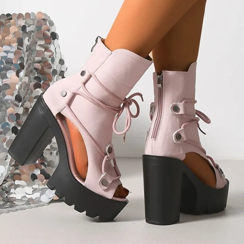 Women's Platform High Heel Ankle Boots Open Toe Lace Up Sandals Textured Finish Chunky Block Heel Zipper Closure Fashion...