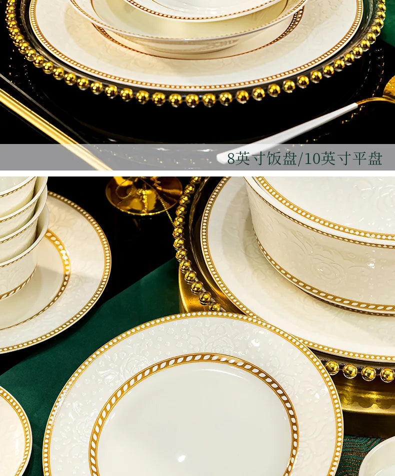 2025 New Jingdezhen Dishes Tableware Free Combination Household High-grade Bone China Tableware Housewarming Relief Rose
