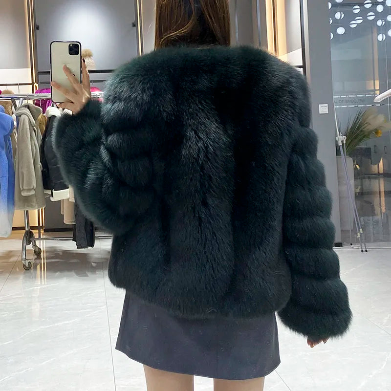 JANEFUR 2024 Thick Warm Real Fox Fur Coat Fashion Female V-neck Fox Fur Collar Coats Elegant luxury Lady Fur Outwear