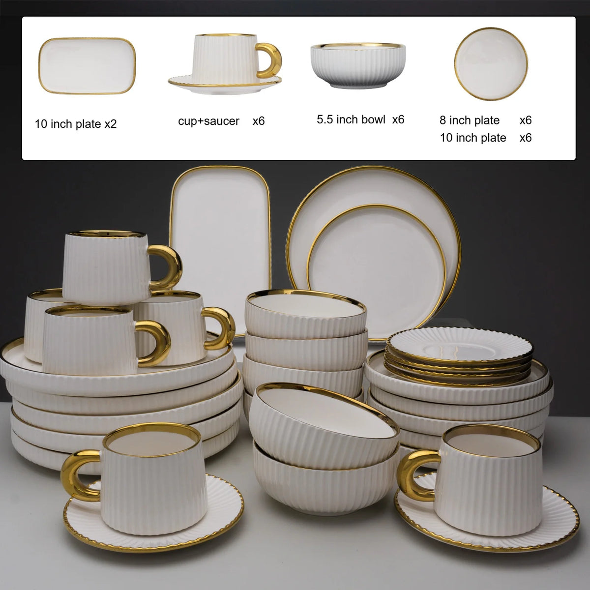 32pcs/set under glazed ceramic dinner set plate bowl cup saucer set with gold trim for 6 people | Kimlud Luxury Rug