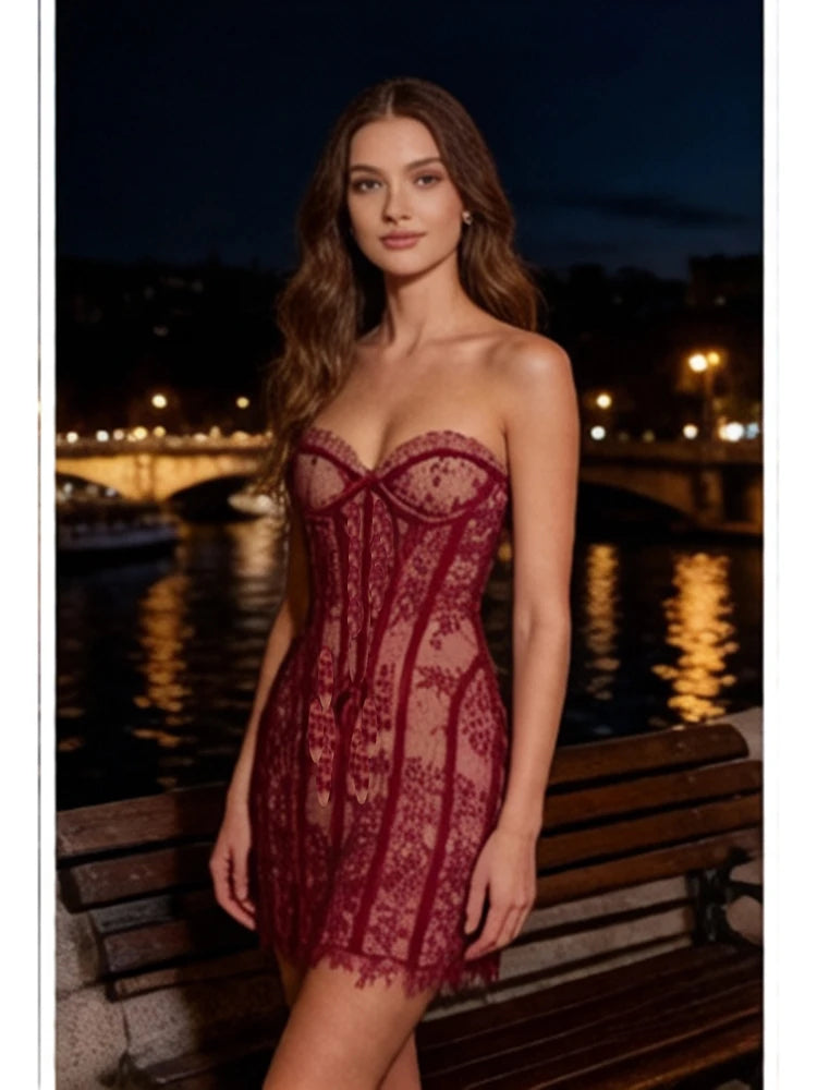 Sexy Sleeveless Floral Lace Corset Mini Dress Women Summer Balck Wine Red Strapless Slim Dresses Celebrity Evening Party Gowns