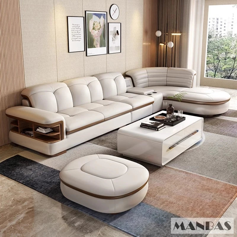 Luxury L-Shaped Genuine Leather Sectional Sofa Sets with USB, Bluetooth Speaker - Linlamlim Living Room Italian Leather Couches - Kimlud