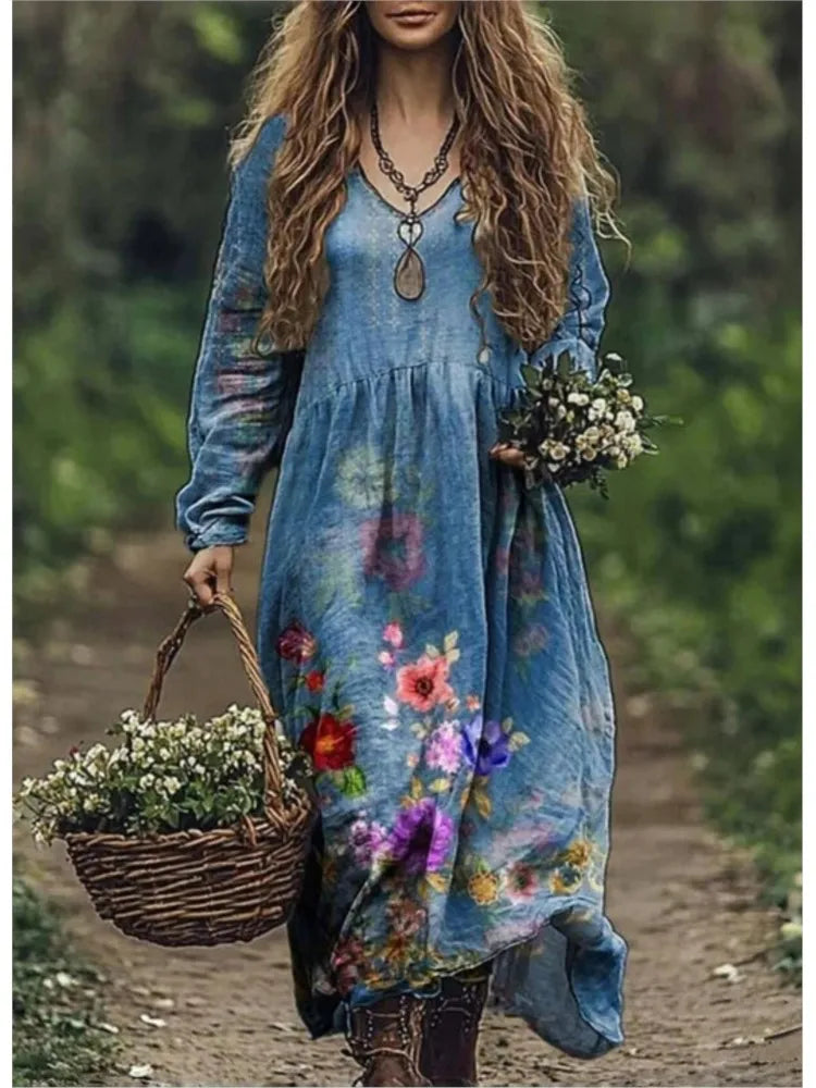 Boho Vintage Print Long Dresses For Women 2025 Casual V Neck Full Sleeve Splice High Waist Loose Dress Autumn Fashion Vestidos - Kimlud