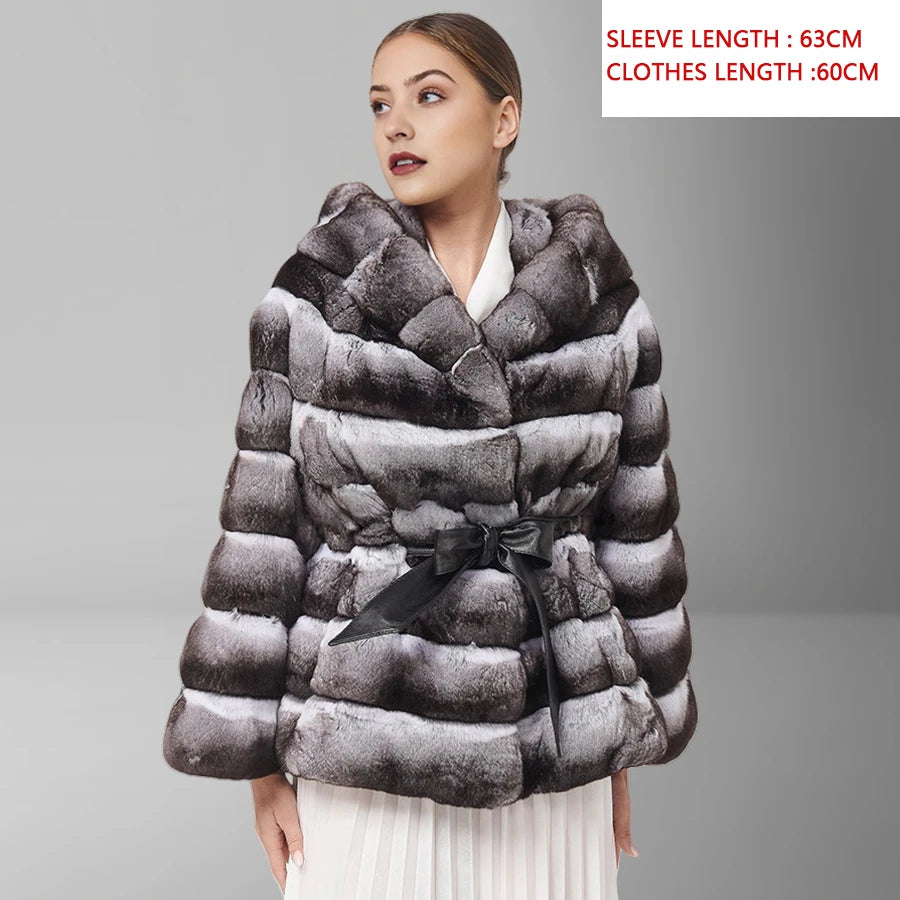 Natural Rex Rabbit Fur Jacket With Hood Women's Winter Jacket Real Rabbit Fur Coat With Belt Hot Selling Genuine Leather Jackets