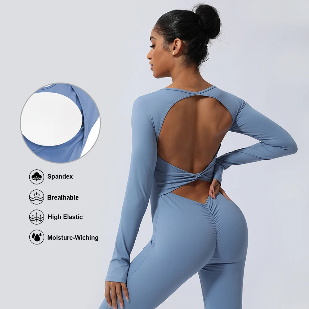 Women Fitness Jumpsuit Backless Long Sleeve Tights Yoga Set Running Training With Padded Sport Set - Kimlud