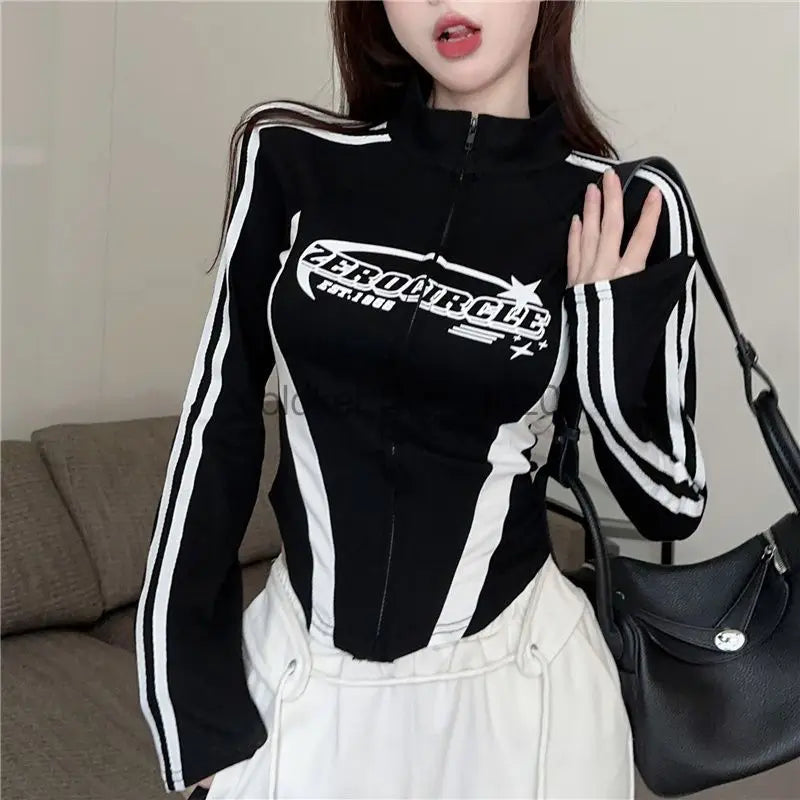 Y2K Korean Vintage Streetwear Women Fashion Letter Print Long Sleeves Sve T-shirt Harajuku Egirl Tops Hot Girl Slim Crop Tops