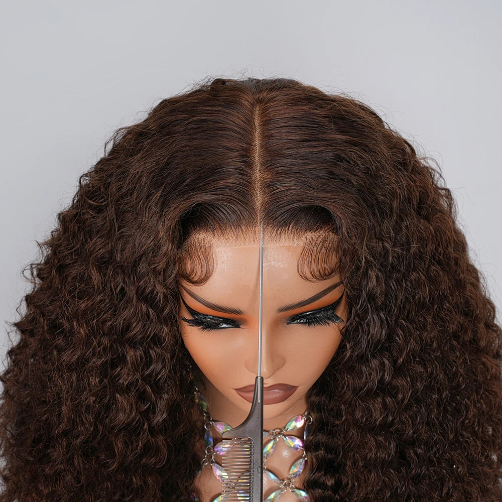 Chocolate Brown Deep Wave Glueless Wigs Human Hair Ready To Wear Pre-Cut Lace Wig 5x5 Wear Go Glueless Human Hair Wigs...
