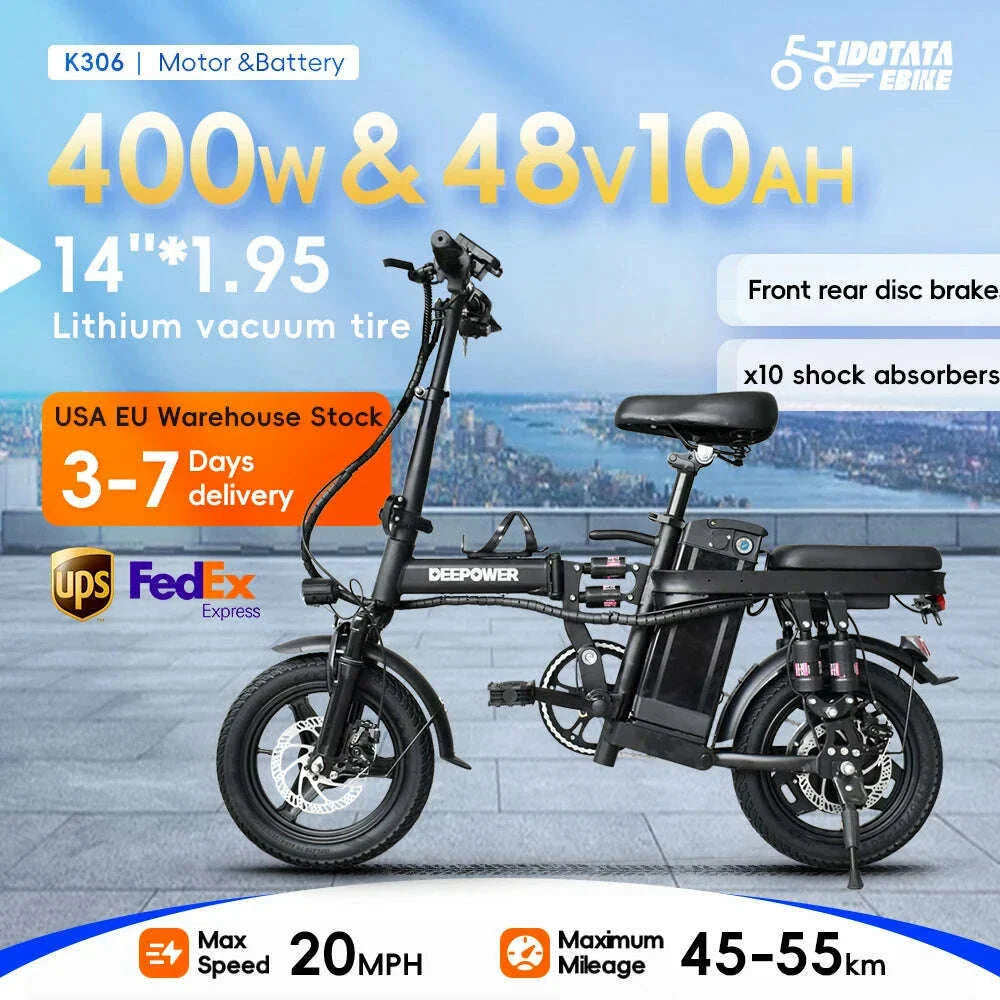 IDOTAT Bicycle Foldable Electric Bike W/ Seat & Basket 14'' 48V 10Ah 400W Motor 22Miles Range 20 MPH Top Speed Ebike for Adults