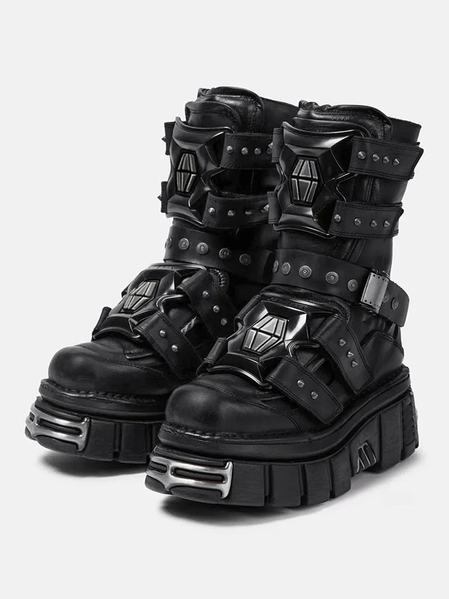 2025 New Star Same Dark Goth Mid-tube Metal Rivet Lace-up Men's and Women's Platform Punk Boots Tide