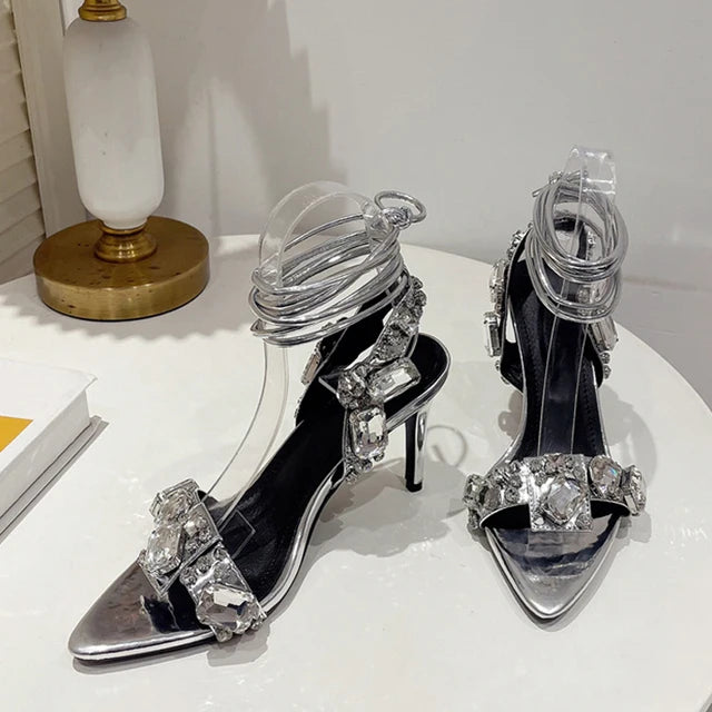 Liyke Sexy Ankle Strap Golded Sandals Women Party Nightclub Stripper Heels High Quality Crystal Diamond Pointed Toe Wedding Shoe - Kimlud