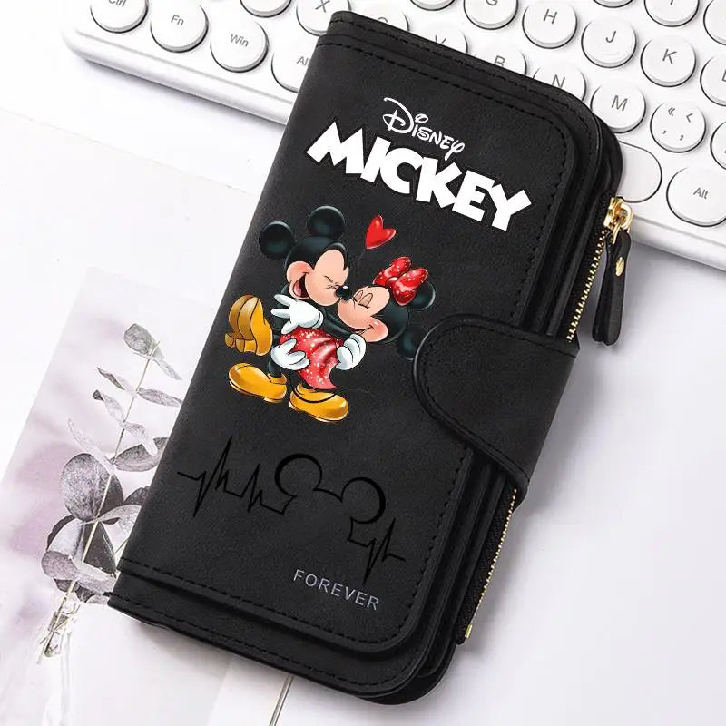 Mickey Minnie Lady Long Zip Wallet Buckle Tote Bag Coin Purse Soft PU Leather Multi-functional Card Holder Casual Daily