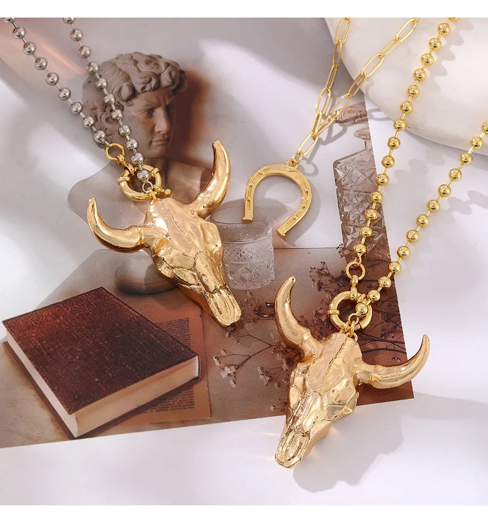HangZhi Personality Unique New Gold Color Bull Head Horseshoe Pendant Necklace Anniversary Gift for Women Men Chunky...