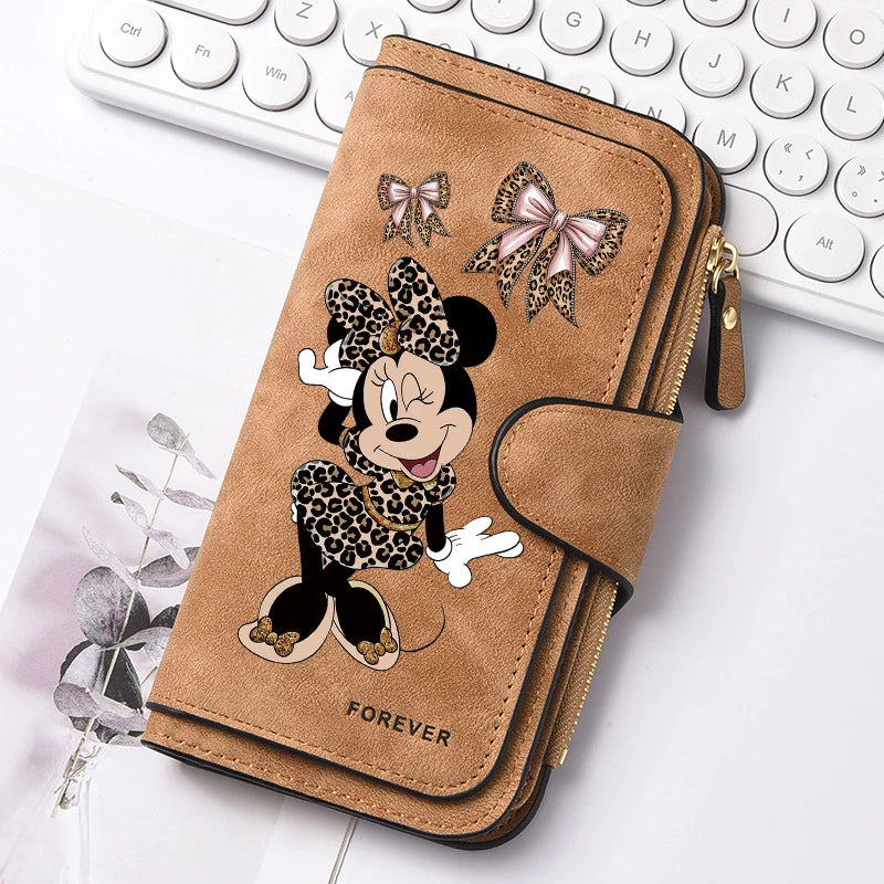 Mickey Minnie Lady Long Zip Wallet Buckle Tote Bag Coin Purse Soft PU Leather Multi-functional Card Holder Casual Daily