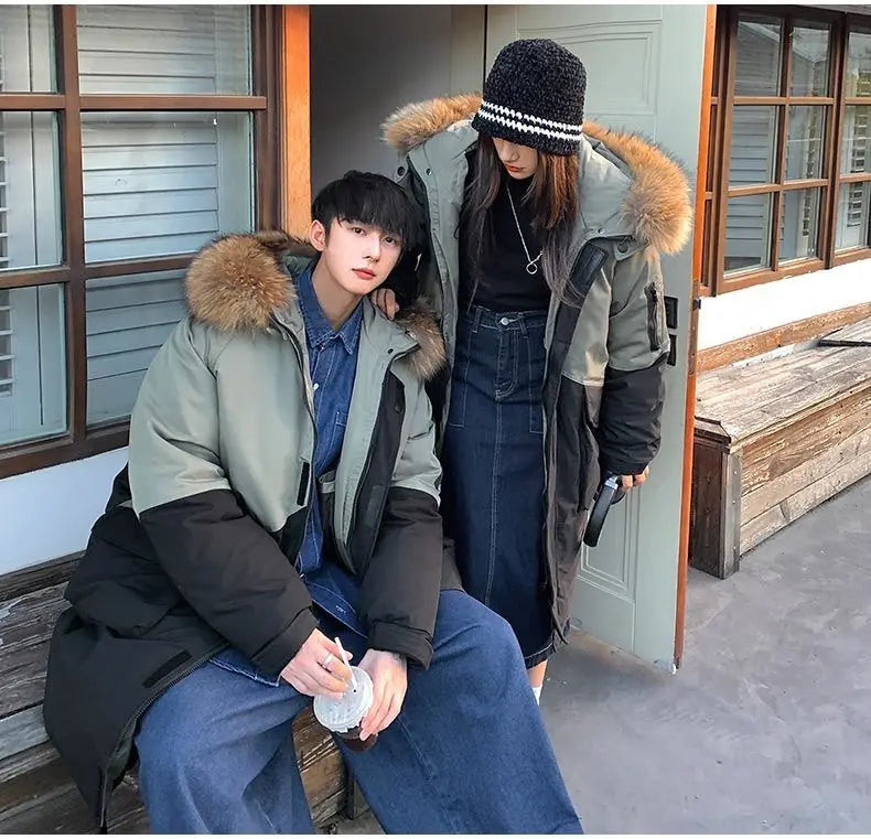 Men's Parkas Hooded Down Jacket Couple Mid-length Over-the-knee Loose Animal Fur Collar Jackets Zipper Pockets Thick Tops Coat