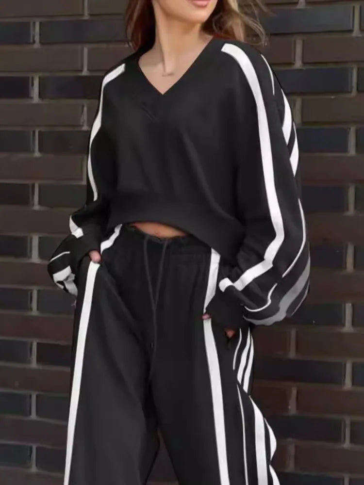 New Fashion Long-sleeved V-neck Cropped Top + Wide-leg Pants 2-piece Set For Women Autumn Color-blocked Pocket Loose Suit Female
