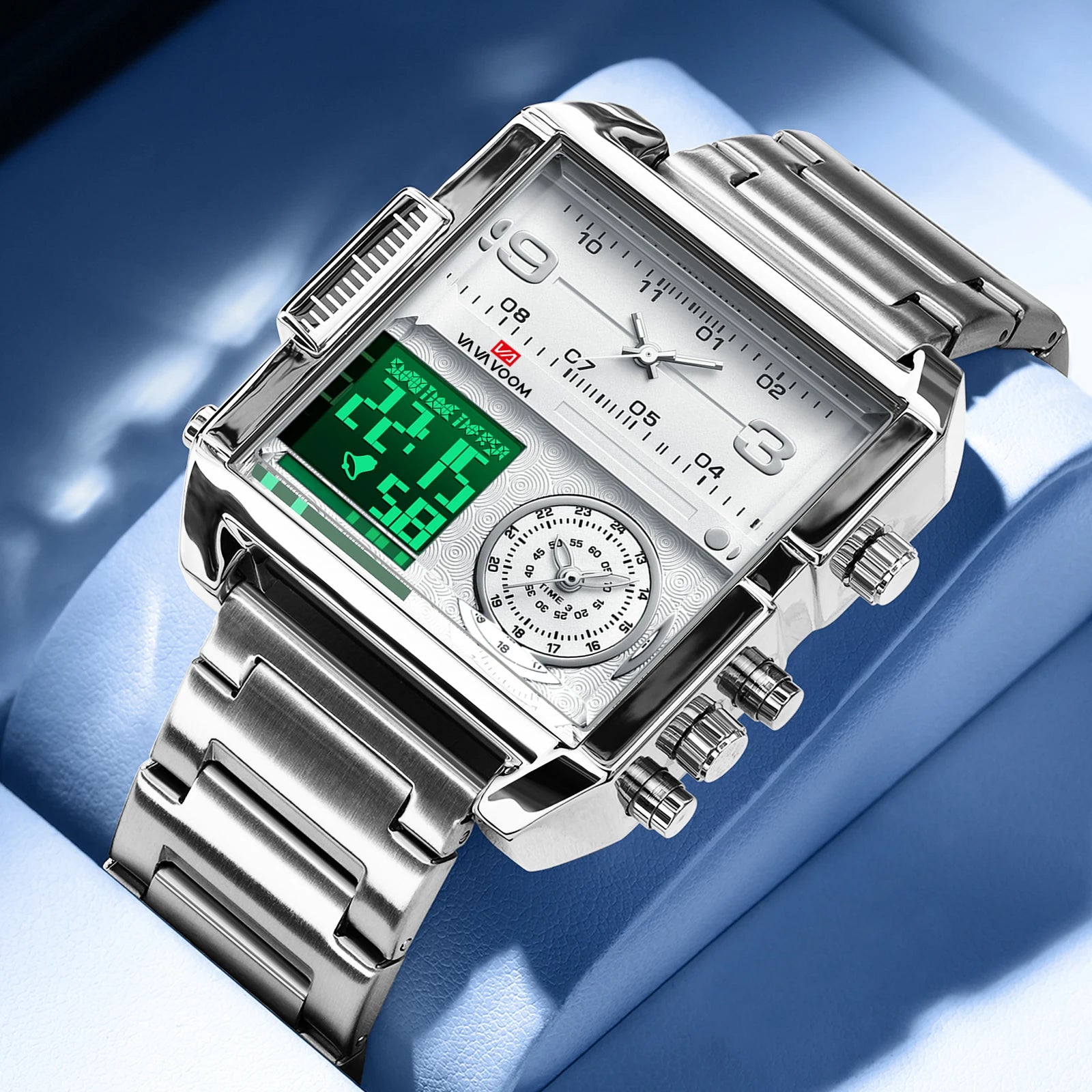 2025 New Men LED Watch Fashion Square Creative Quartz Movement Black Stainless Steel Waterproof Timing Electronic Watch for Men - Kimlud