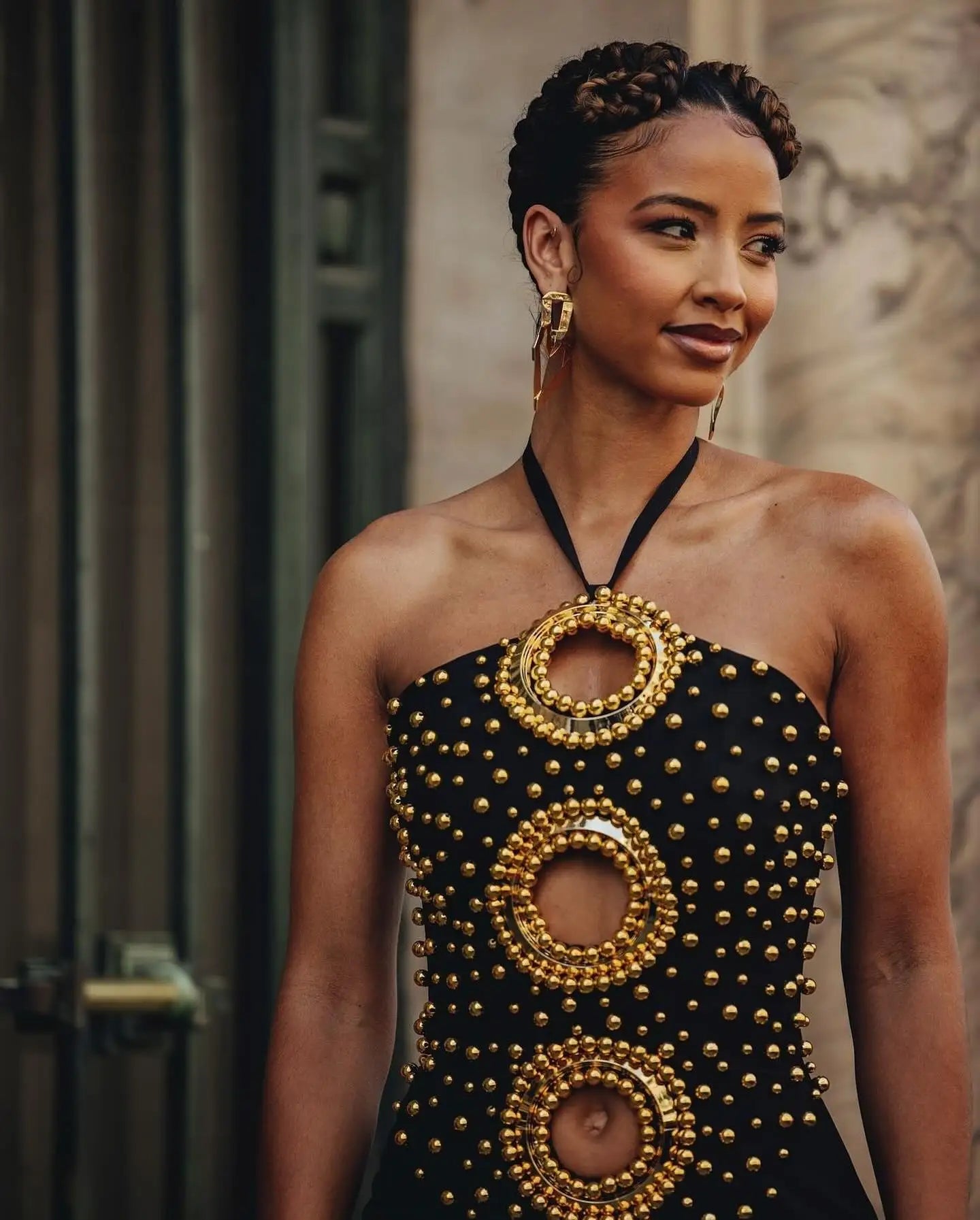 Black Color Women Sexy Halter Off the Shoulder Golden Beading Bodycon Bandage Long Dress Evening Party Celebrate Outfit