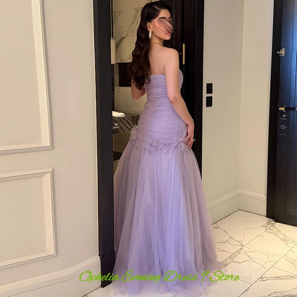 Classic Tulle Evening Dress Graceful Strapless Prom Dresses Fashion Crystal and Flowers Customized Special Occasion Gowns