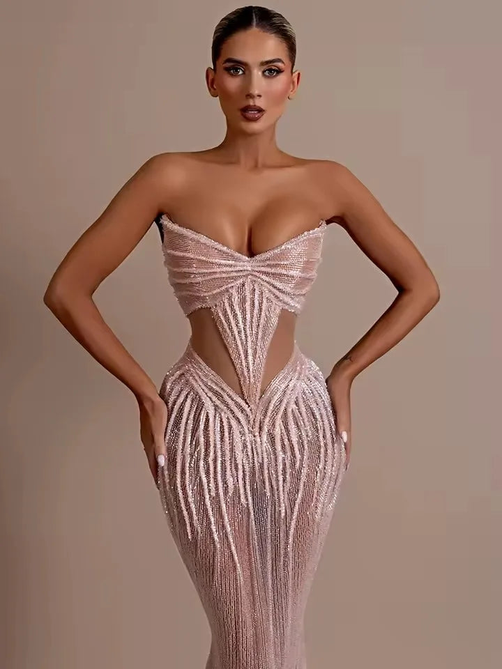 Ofherown Silver Sequin Cutout Evening Dress Strapless Beaded Mesh Mermaid Floor Length Formal Prom Gown Red Carpet Custom Made