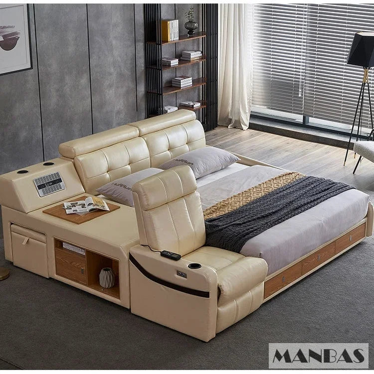 MINGDIBAO Massage Bed with Ultimate Comfort and Genuine Leather Multifunctional Frame - Bluetooth Speaker, Safe Air...