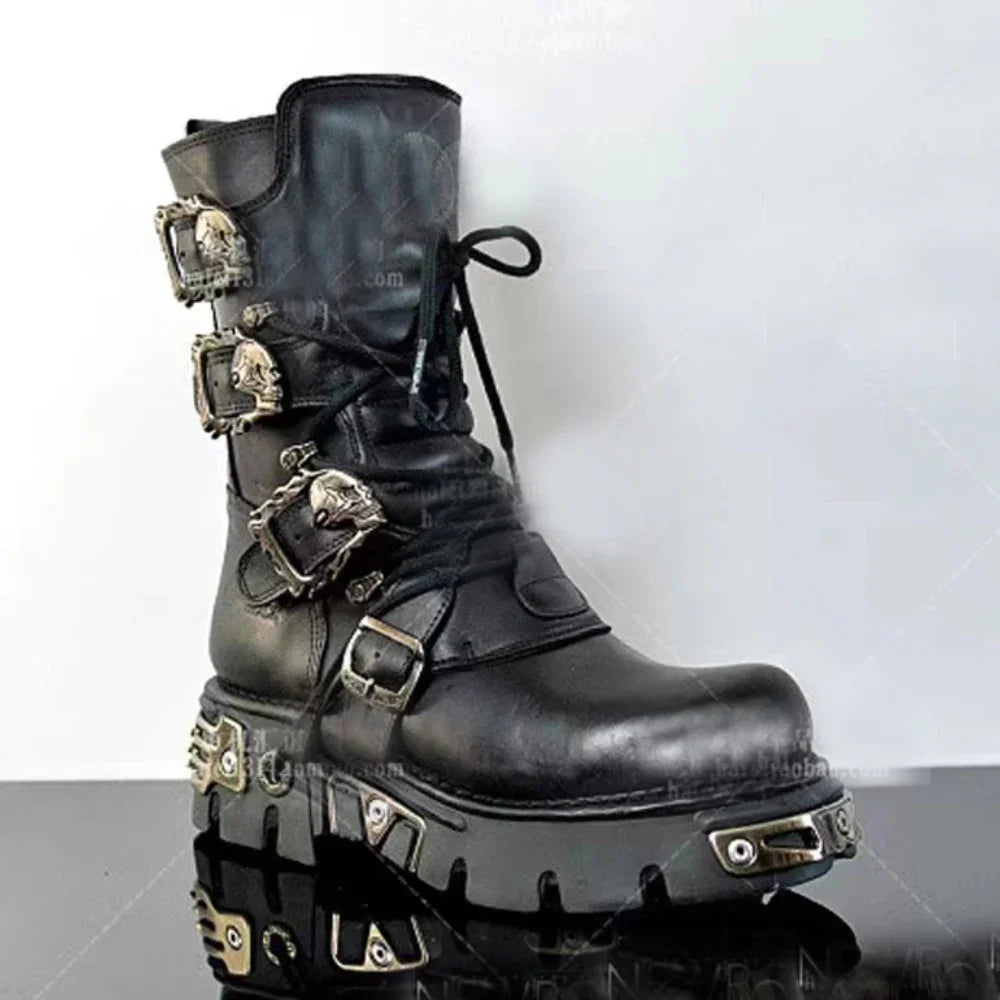 Men's Fashion Genuine Leather Motorcycle Boots Goth Skull Punk New Unisex Mid-calf Cowboy Boots Metallic Combat Boots