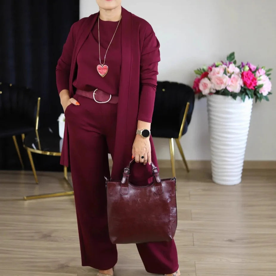 Pant Set Women Three Piece Sets Round Neck Full Sleeve Tops Mid Length Coats Wide Leg Long Pants High Waist Y2k Work 2025